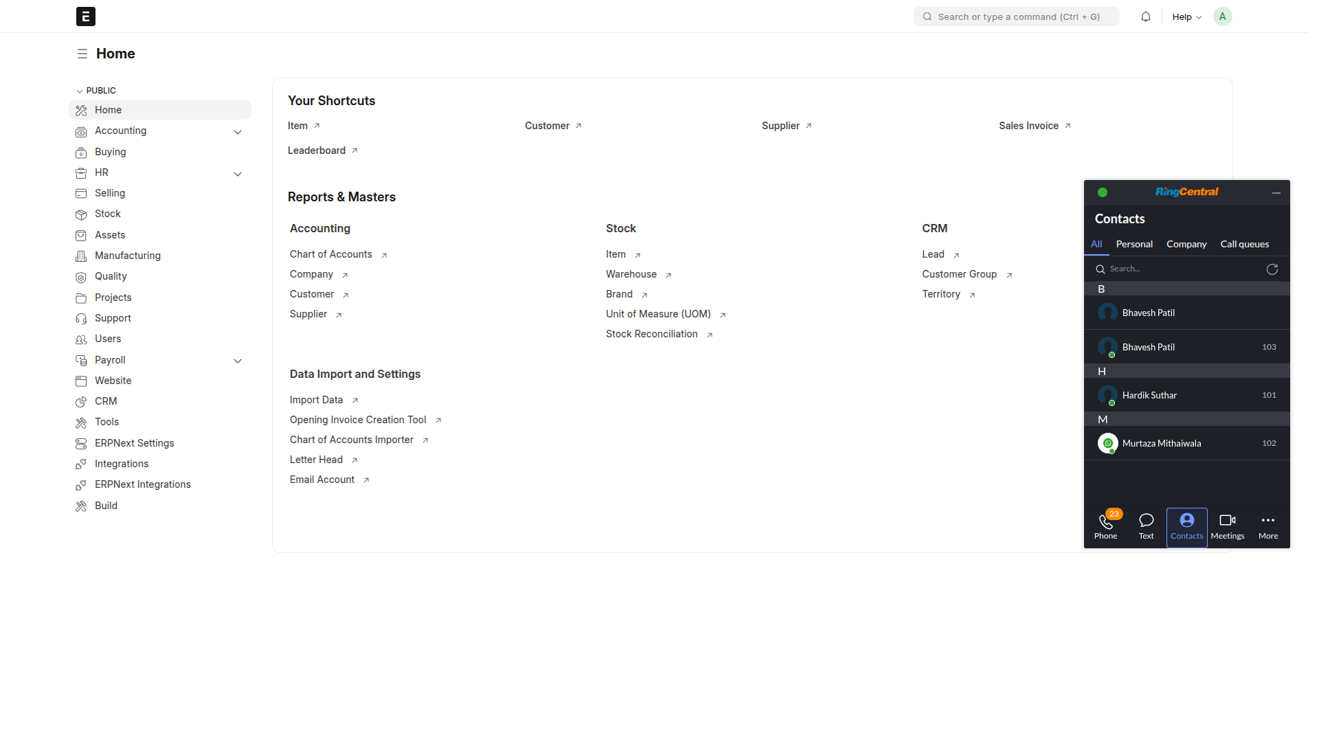 UC-Dashboard showing call functions and contact information