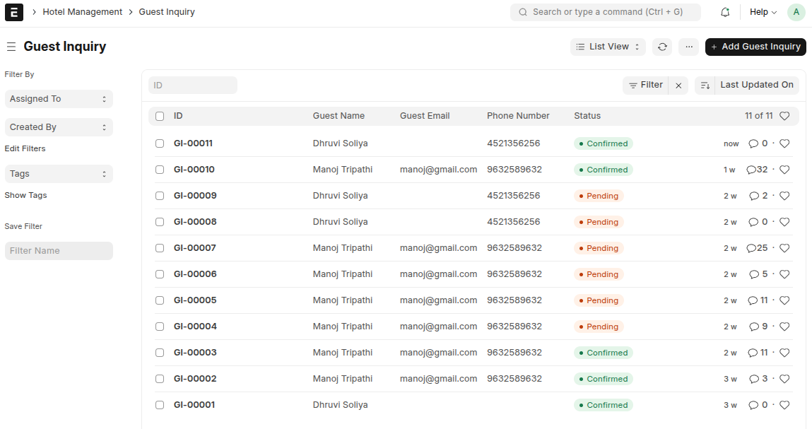 Call Recording and Notes section in customer record