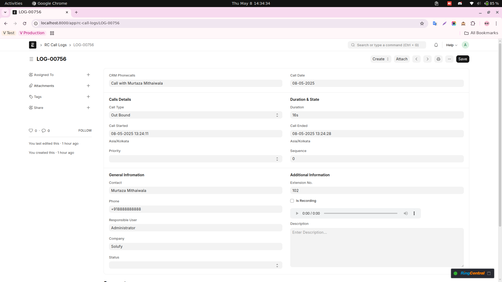 Call Recording and Notes section in customer record
